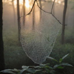 A serene early morning scene: dew-kissed cobwebs glittering in the first light of sunrise amidst a vibrant, tranquil forest.