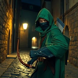 A man in a green hooded cloak, wearing a black ninja face mask, is sneaking through a cobbled medieval street at night