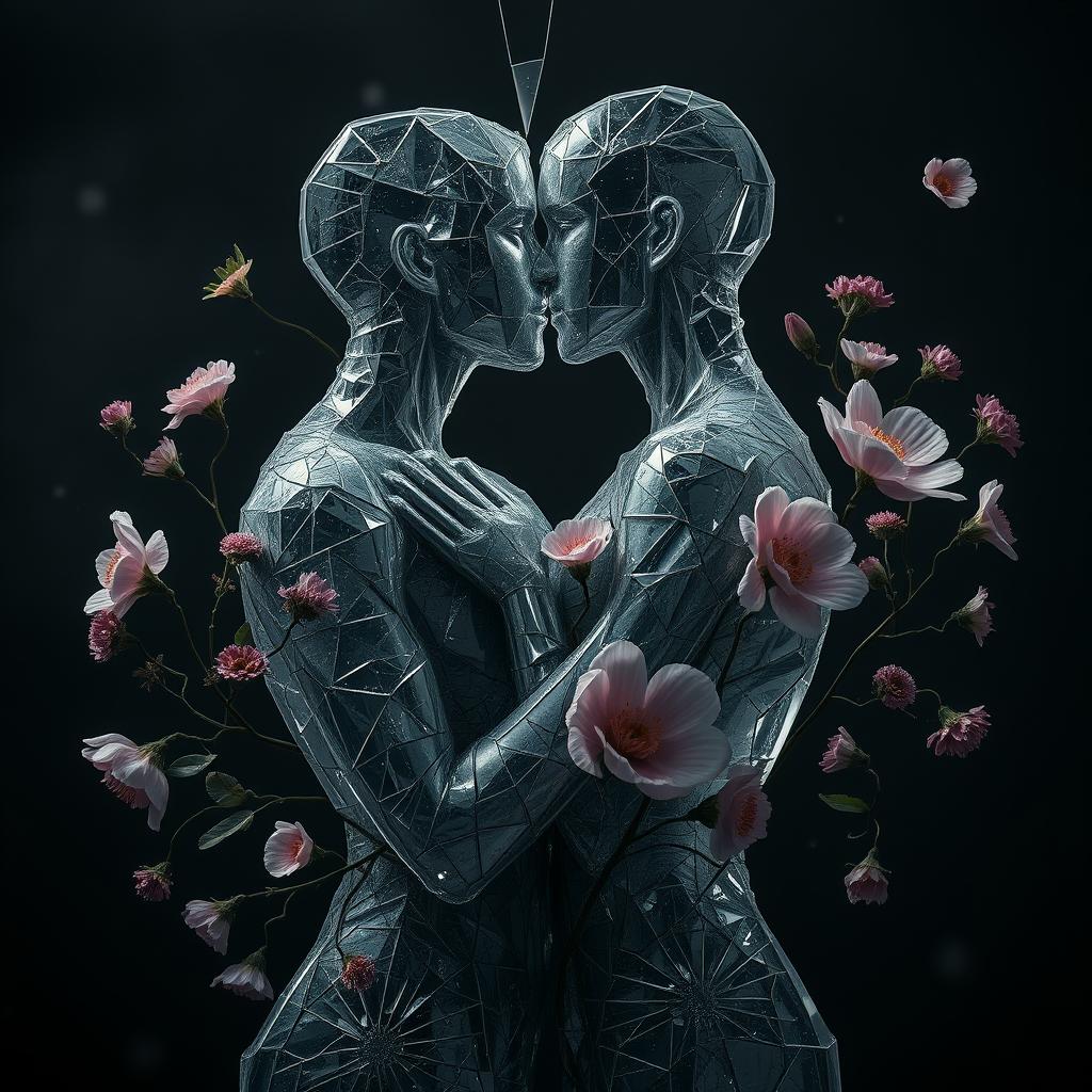 A poignant and emotional image of two broken souls intertwined together in a kiss