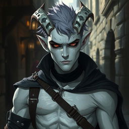 A 25-year-old male changeling rogue with entirely white skin, depicted in a fantasy setting