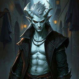 A 25-year-old male changeling rogue with entirely white skin, depicted in a fantasy setting