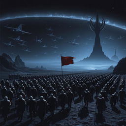 A vast army of space soldiers is marching in formation, following an imperial flag on a dark, rocky planet