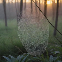 A serene early morning scene: dew-kissed cobwebs glittering in the first light of sunrise amidst a vibrant, tranquil forest.