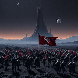 A vast army of space soldiers is marching in formation, following an imperial flag on a dark, rocky planet