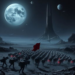 A vast army of space soldiers is marching in formation, following an imperial flag on a dark, rocky planet