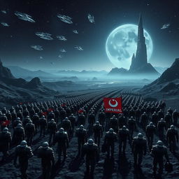 A vast army of space soldiers is marching in formation, following an imperial flag on a dark, rocky planet