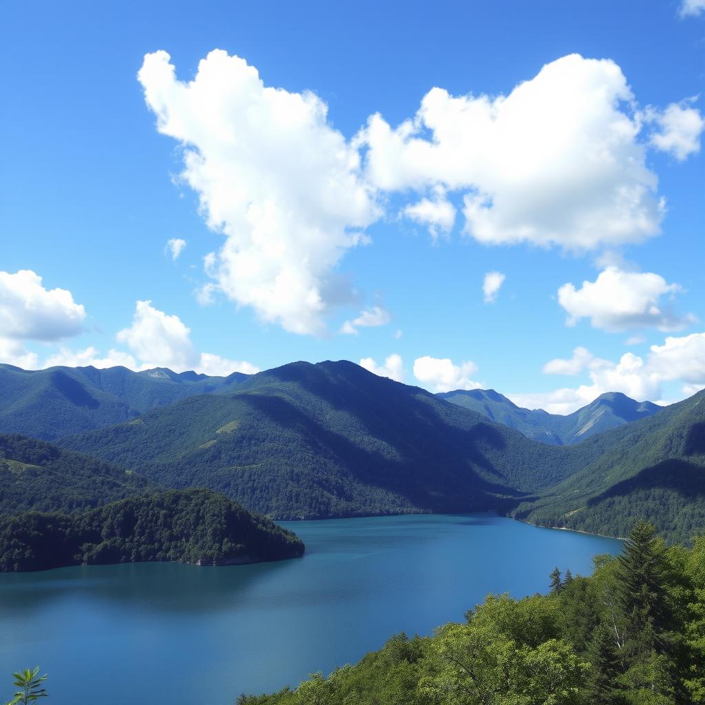 A beautiful landscape featuring a serene lake surrounded by lush green mountains and a clear blue sky with fluffy white clouds