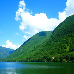 A beautiful landscape featuring a serene lake surrounded by lush green mountains and a clear blue sky with fluffy white clouds