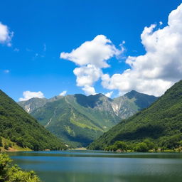 A beautiful landscape featuring a serene lake surrounded by lush green mountains and a clear blue sky with fluffy white clouds