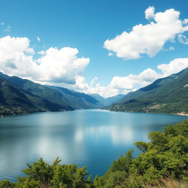 A beautiful landscape featuring a serene lake surrounded by lush green mountains and a clear blue sky with fluffy white clouds