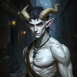 A 25-year-old male changeling rogue with entirely white skin and no horns, depicted in a fantasy setting