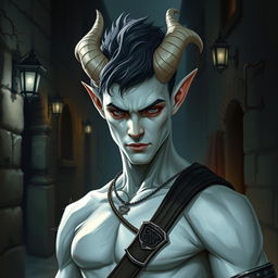 A 25-year-old male changeling rogue with entirely white skin and no horns, depicted in a fantasy setting