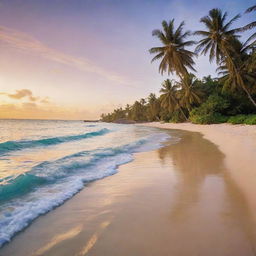 Design a scenic tropical beach at sunset, with crystal clear waters reflecting the golden sunlight and palm trees softly swaying in the gentle breeze.