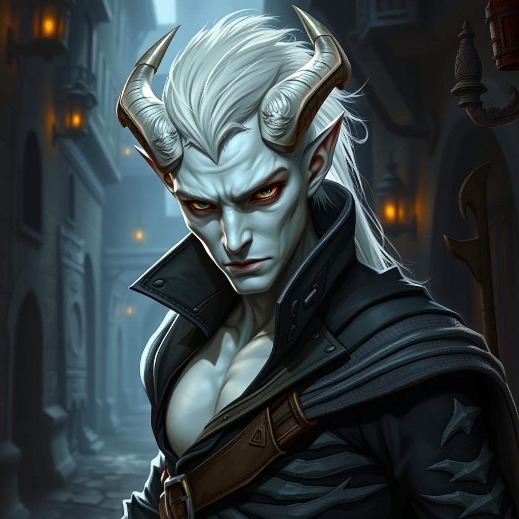 A 25-year-old male changeling rogue with entirely white skin and no horns, depicted in a fantasy setting