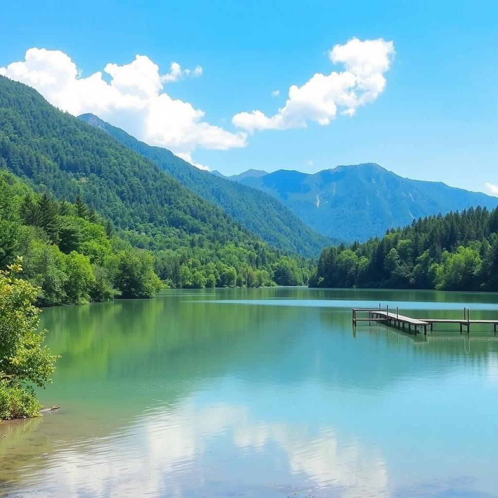 A serene landscape featuring a calm lake surrounded by lush green trees, with a clear blue sky and a few fluffy white clouds