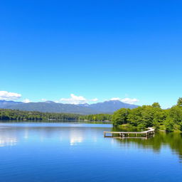 A serene landscape featuring a calm lake surrounded by lush green trees, with a clear blue sky and a few fluffy white clouds