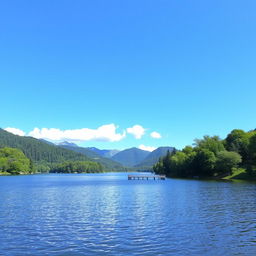 A serene landscape featuring a calm lake surrounded by lush green trees, with a clear blue sky and a few fluffy white clouds