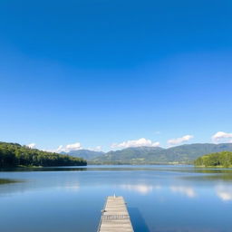 A serene landscape featuring a calm lake surrounded by lush green trees, with a clear blue sky and a few fluffy white clouds