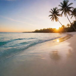 Design a scenic tropical beach at sunset, with crystal clear waters reflecting the golden sunlight and palm trees softly swaying in the gentle breeze.