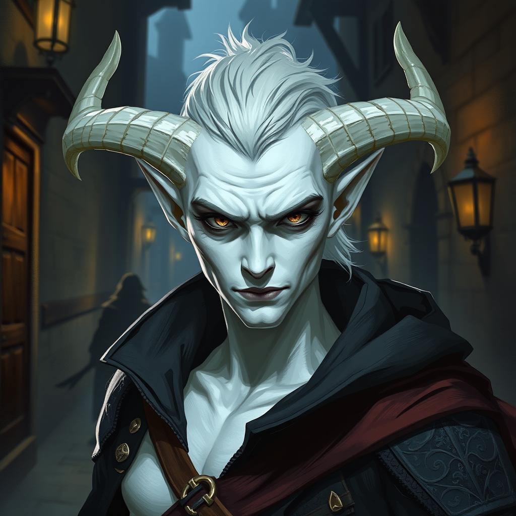 A 25-year-old male changeling rogue with entirely white skin and absolutely no horns, depicted in a fantasy setting