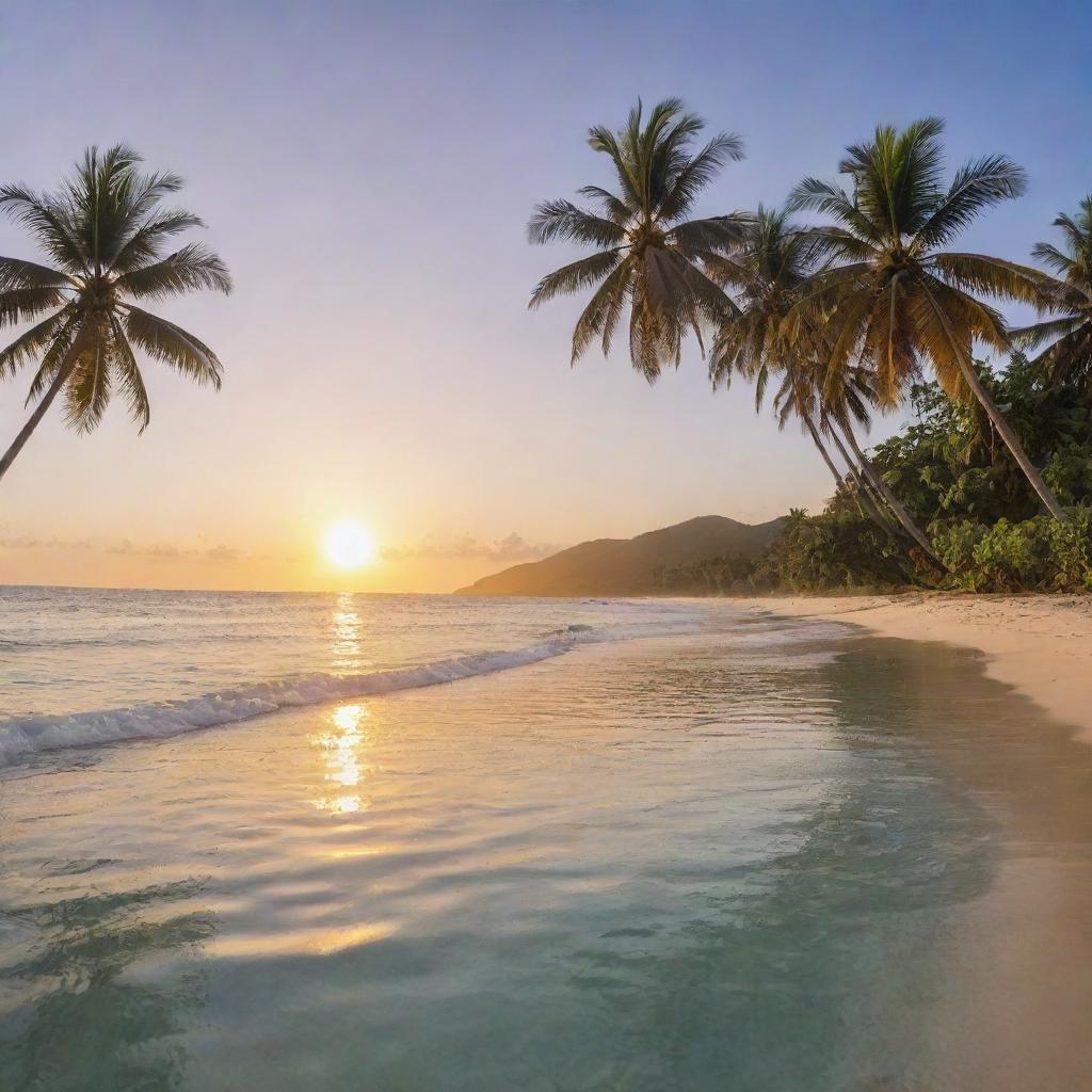 Design a scenic tropical beach at sunset, with crystal clear waters reflecting the golden sunlight and palm trees softly swaying in the gentle breeze.