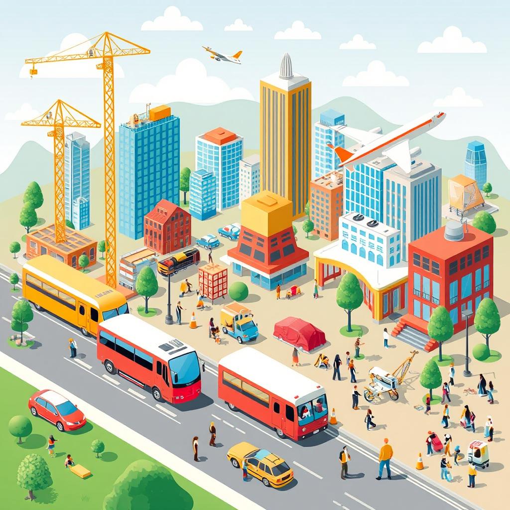 A vibrant scene depicting various modes of transportation such as cars, trains, and airplanes, alongside construction sites and modern buildings