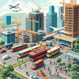 A vibrant scene depicting various modes of transportation such as cars, trains, and airplanes, alongside construction sites and modern buildings