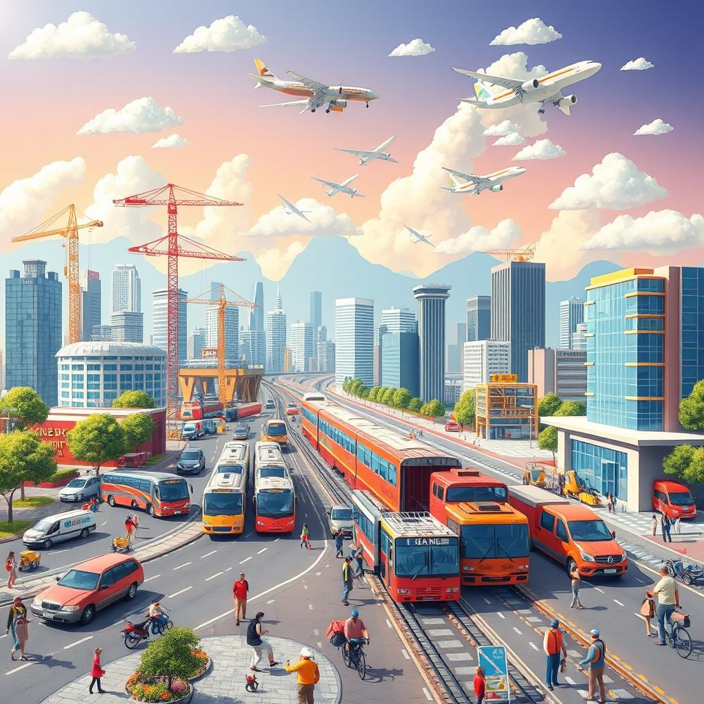 A vibrant scene depicting various modes of transportation such as cars, trains, and airplanes, alongside construction sites and modern buildings