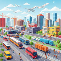 A vibrant scene depicting various modes of transportation such as cars, trains, and airplanes, alongside construction sites and modern buildings