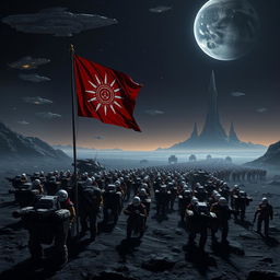 A vast army of space soldiers marching in formation, following an imperial flag with a sun emblem on a dark, rocky planet