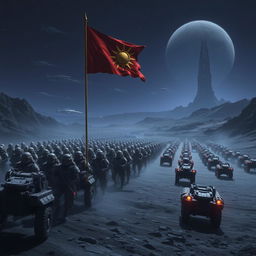 A vast army of space soldiers marching in formation, following an imperial flag with a sun emblem on a dark, rocky planet