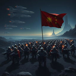 A vast army of space soldiers marching in formation, following an imperial flag with a sun emblem on a dark, rocky planet