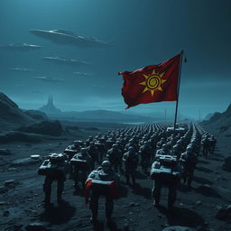 A vast army of space soldiers marching in formation, following an imperial flag with a sun emblem on a dark, rocky planet