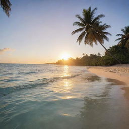 Design a scenic tropical beach at sunset, with crystal clear waters reflecting the golden sunlight and palm trees softly swaying in the gentle breeze.