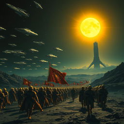 A powerful scene depicting an army of space imperial soldiers marching in formation, following an imperial flag adorned with a golden sun