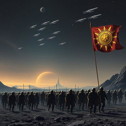 A powerful scene depicting an army of space imperial soldiers marching in formation, following an imperial flag adorned with a golden sun