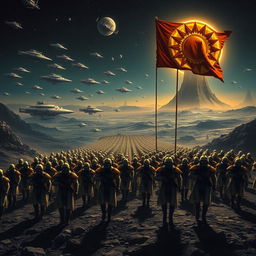 A powerful scene depicting an army of space imperial soldiers marching in formation, following an imperial flag adorned with a golden sun