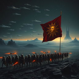 A powerful scene depicting an army of space imperial soldiers marching in formation, following an imperial flag adorned with a golden sun