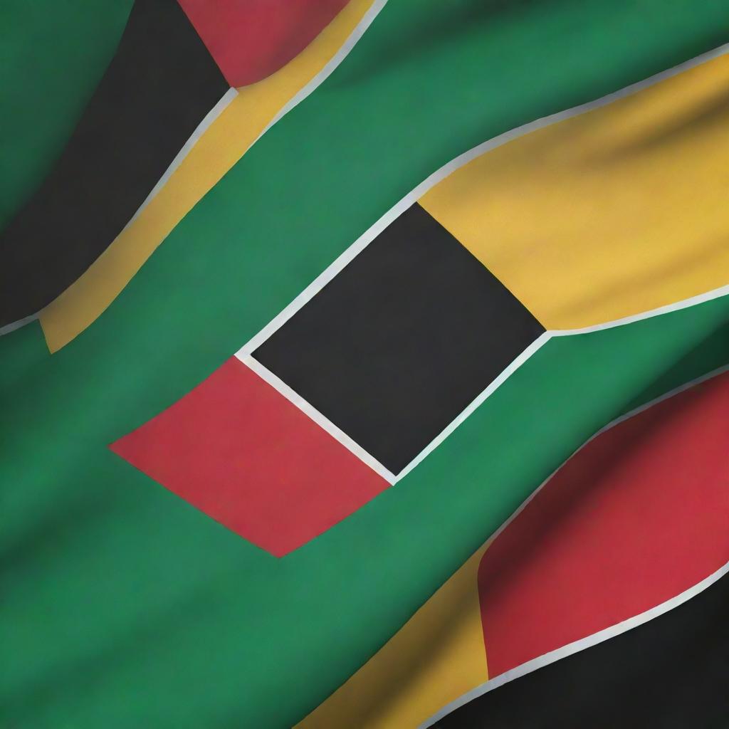 A vibrant backdrop featuring the Guyana flag with its unique design and colours of green, gold, white, black, and red.