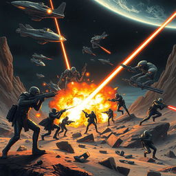 Imperial soldiers armed with laser rifles engage in a fierce battle against war robot aliens on a rocky, dark world