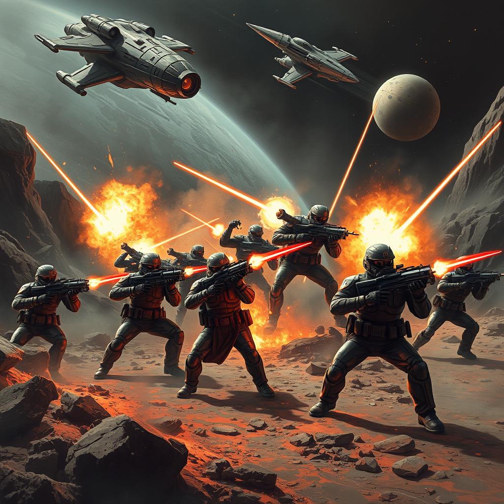 Imperial soldiers armed with laser rifles engage in a fierce battle against war robot aliens on a rocky, dark world