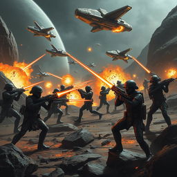 Imperial soldiers armed with laser rifles engage in a fierce battle against war robot aliens on a rocky, dark world