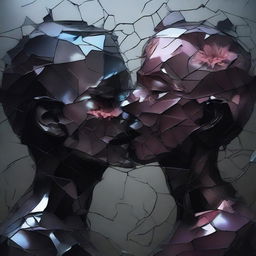 Create an evocative image of two broken souls intertwined together in a kiss