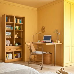 A soft light yellow room, complete with a cozy bed, functional study table, bookshelf filled with books, and a spacious cupboard.