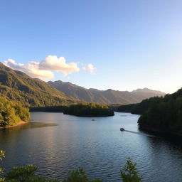 A beautiful landscape featuring a serene lake surrounded by lush green trees and mountains in the background