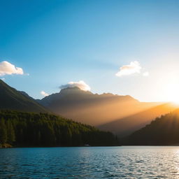 A beautiful landscape featuring a serene lake surrounded by lush green trees and mountains in the background