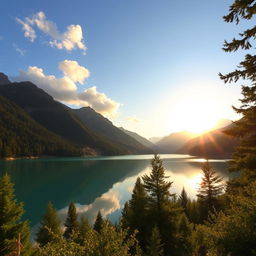 A beautiful landscape featuring a serene lake surrounded by lush green trees and mountains in the background