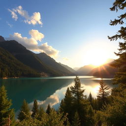 A beautiful landscape featuring a serene lake surrounded by lush green trees and mountains in the background