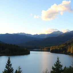 A beautiful landscape featuring a serene lake surrounded by lush green trees and mountains in the background