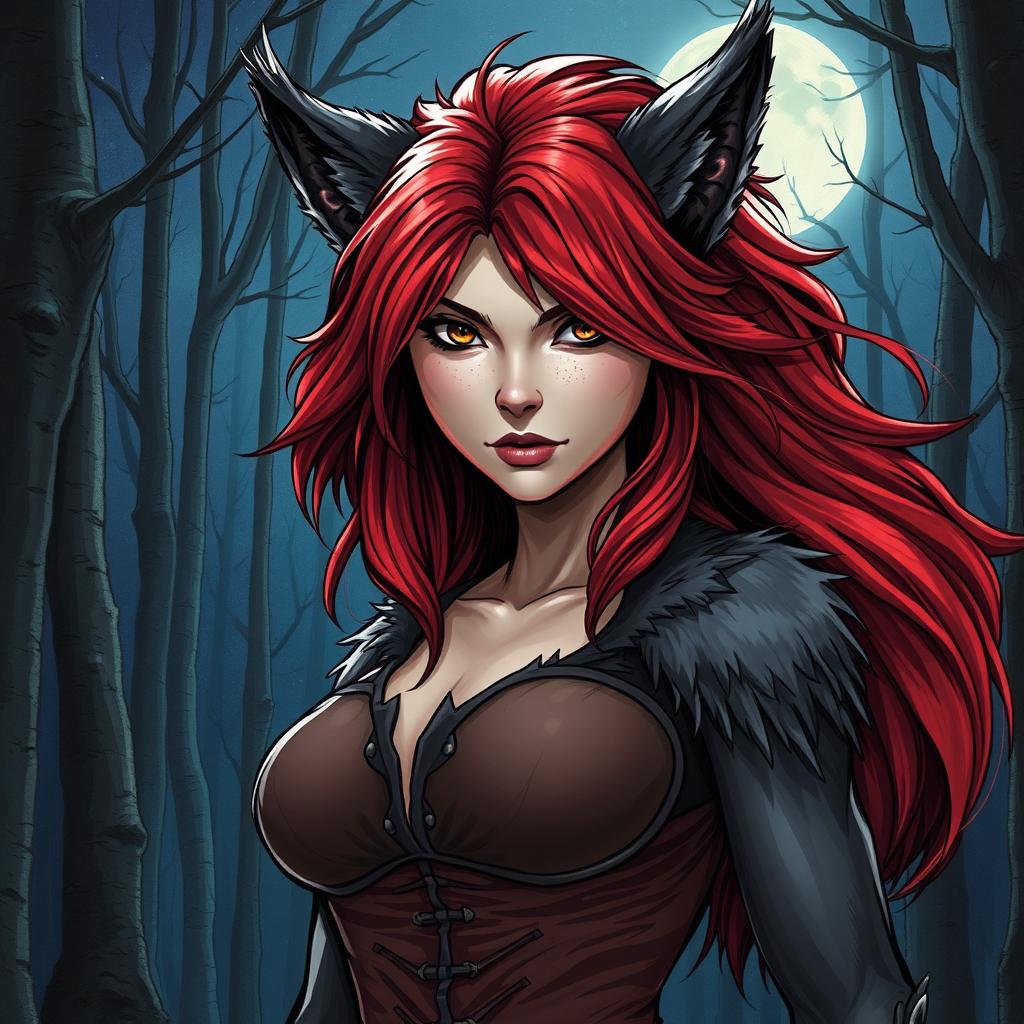 A detailed illustration of a werewolf woman with striking red hair and piercing brown eyes